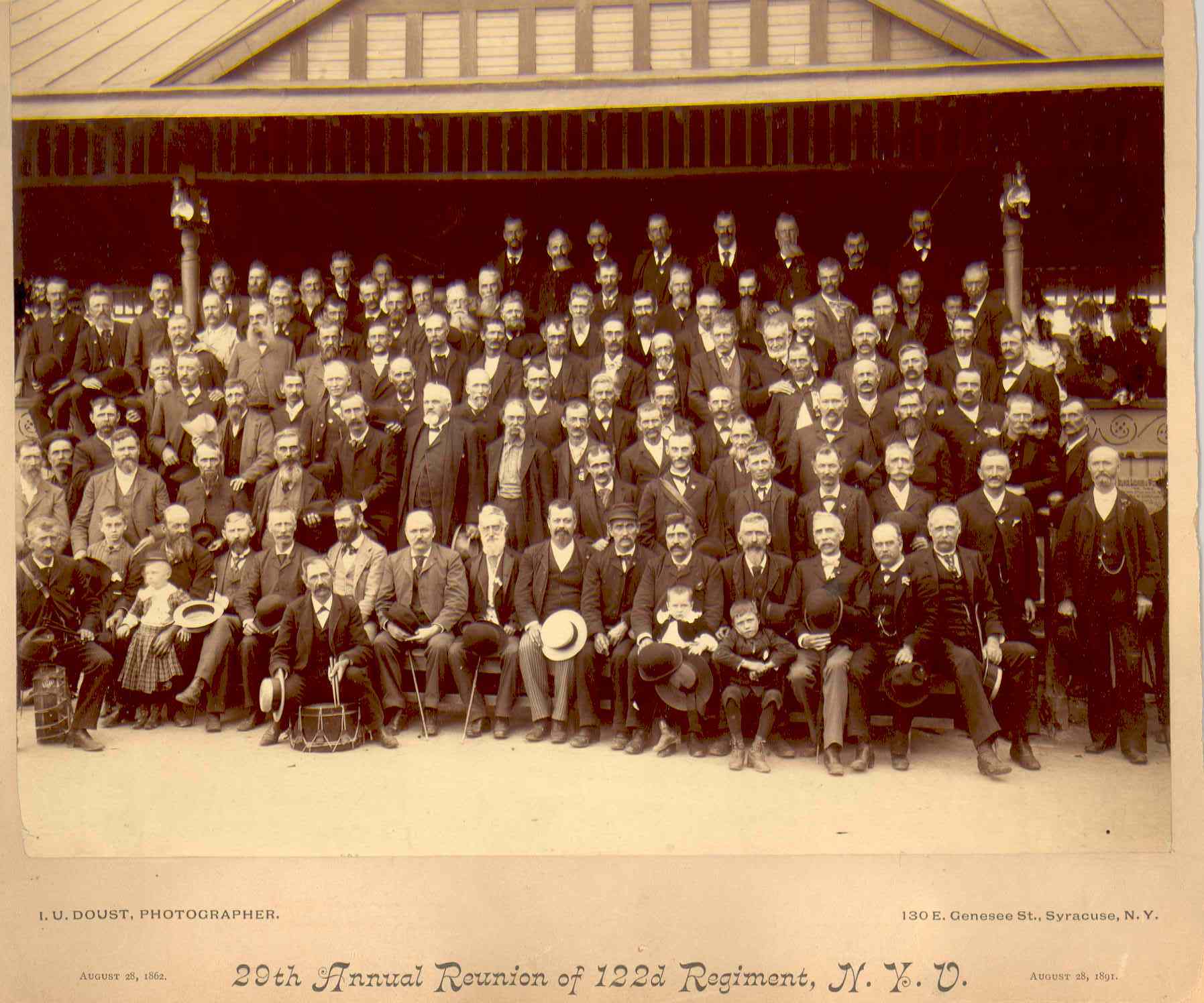The 29th Reunion of the the 122nd New York Volunteer Regiment held in Syracuse, NY on August 28th 1891.  The white hair gentleman sitting front row center is my great, great, great grandfather, Col. Silas Titus, who was the commander of the regiment during the Civil War.